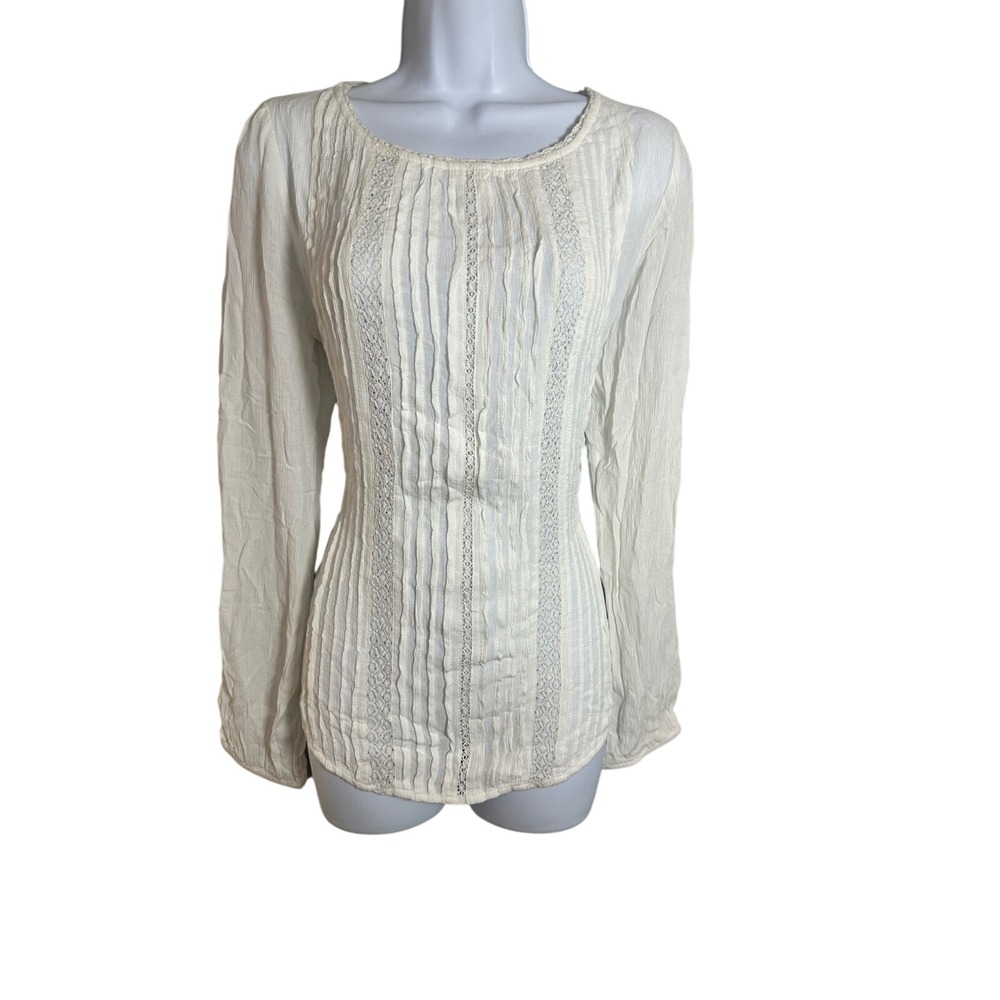 Gap Women White Pintuck Pleated Lace Trim Gauze Boho Peasant Blouse Size M